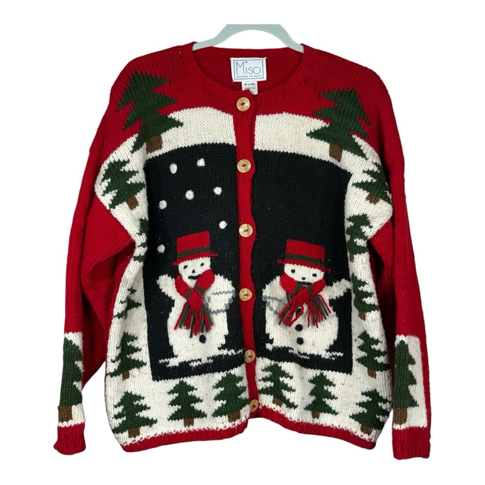 MISO 100% Wool Hand Knit Trees And Snowmen Christmas Sweater Size L
